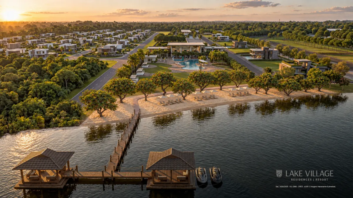 Píer e praia à beira do lago